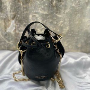 ANNA PAOLA Made In Italy Leather Crossbody Black Bucket Bag